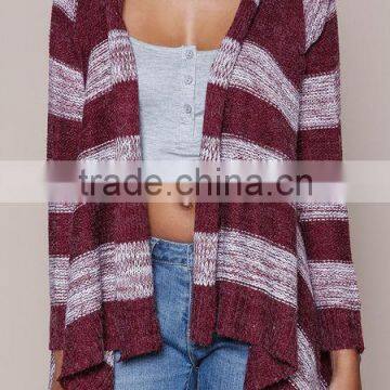MGOO OEM Custom Burgundy Fringe Cardigan Mohair Striped Outwear Koreas Style Tassels Asymmetric Sweaters photo-3