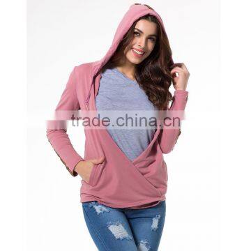 Stylish Street Wear Women Pink Plunge Wrap Front Long Sleeve Hoodie photo-5