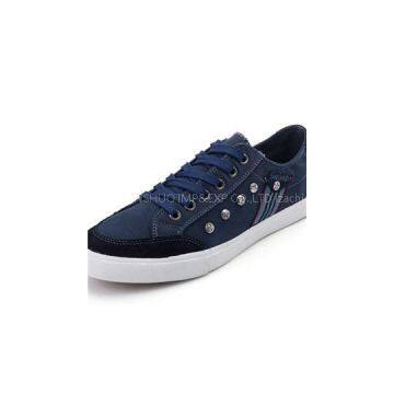 Women''s Lace Up Suede Leather And Navy Canvas Flat Trainers Shoes