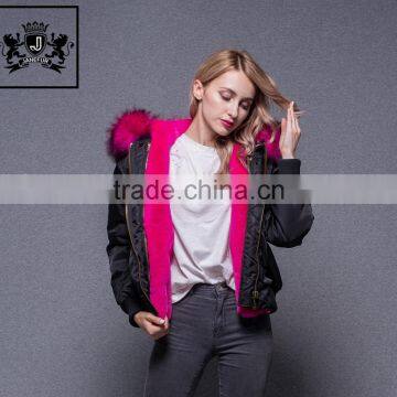 Fashionable Janefur Winter Short Coat Big Real Raccoon Fur Hooded Faux Fur Lined Bomber Jacket For Lady