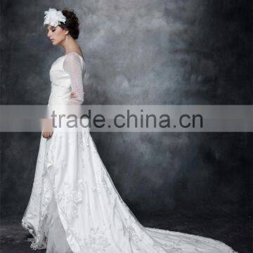 A-line Scoop Neck Satin Over Net With Embroidery bridal dress Lace With Crystal 3/4 sleeve Wedding Dress AS29402