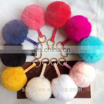 Factory wholesale colorful and cute real rabbit fur ball keychain with PU strap