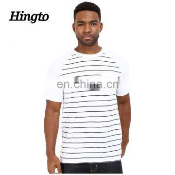 Men 100% cotton rib-knit crew neck raglan sports stripe white t shirts with front pocket