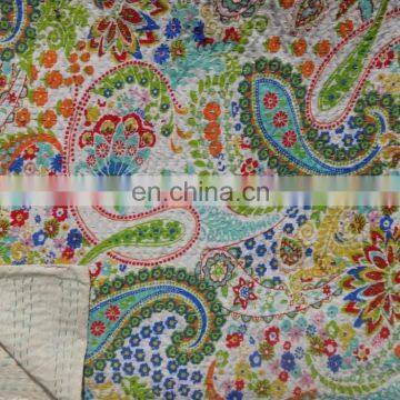 Handmade Kantha Quilt Indian White Floral Print Bedspread Kantha Blanket Throw Kantha Supplier Hand Quilted Kantha Gudari