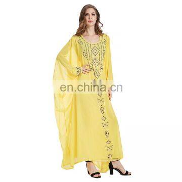 2018 Latest Dubai Jalabia Thobe Chiffon Large Rhinestone Yellow Women India Arabic Kaftan