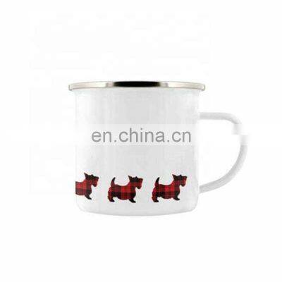 Christmas holiday gift 12cm High quality white color metal coffee enamel mug with stainless steel rim