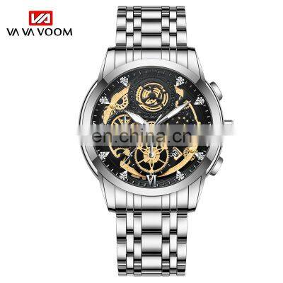 VAVA VOOM  2452 Men Watch Quartz Movement Automatic Calendar Stainless Steel Luxury Rhinestone Waterproof Elite Men Watch