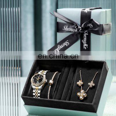 SHENGKE SK Luxury Golden Jewelry Watches Gift Set Lucky Golden Flower Rhinestone Necklace Earring Bracelet