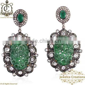 925 Silver Emerald Gemstone Carving Earrings, Diamond Pave Silver Earrings, 14K Gold Diamond Pave Carving Earring Jewelry