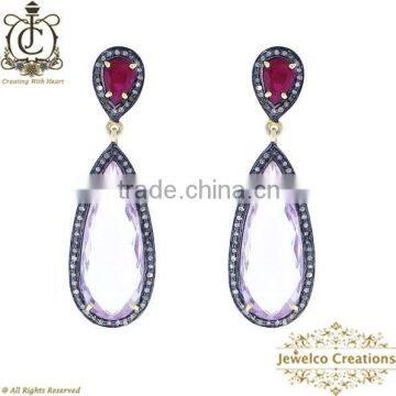 925 Silver Diamond Earrings, Ruby & Amethyst Gemstone Earrings Jewelry, Pave Diamond Gemstone Earrings, Gemstone Dangle Earrings