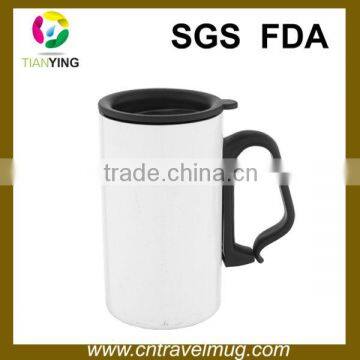 white tall metal coffee mug with plastic lid and handle