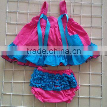 2014wholesale 2pcs tank ruffled kids clothing set for baby clothes