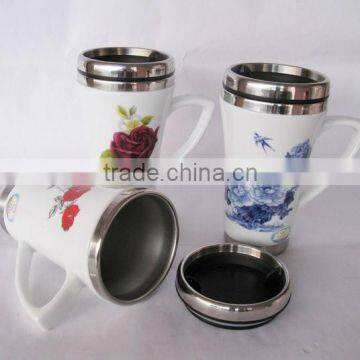 14 OZ Floral Decal Double Wall Ceramic Travel Coffee Mug with Stainless Steel Lining and Steel Lid