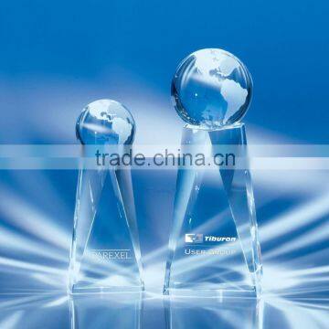 Wholesale promotion crystal gift items high quality clear blank glass globe tropht awards
