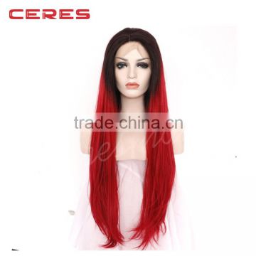 Long Straight Synthetic Lace Front Wig Dark RootsBlack to Red Ombre Heat Resistant Fiber Hair 2 Tones Women