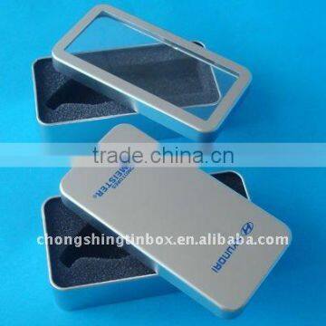 Rectangular metal packaging box with PET window