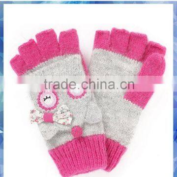 nylon/wool owl knit gloves with flap for young gilrs