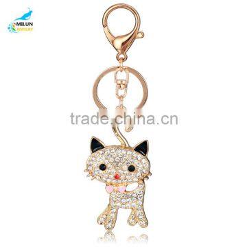 Wholesale handmade metal keyring diamond cat keychain