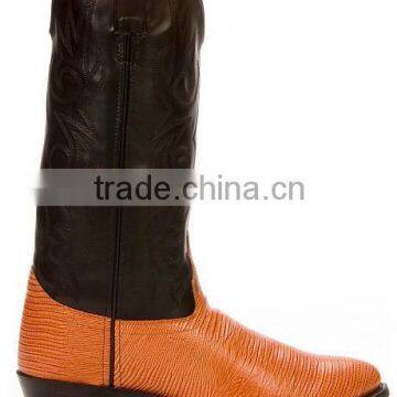 Black Cognac Fancy Stitched Manmade Shaft Leather Lizard Printed Western Cowboy Boots photo-3