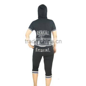 Women Short Sport Jogging Suit Cotton Jersey Shiny Emb. & Print Full Zipper Hooded photo-5