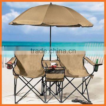 folding double camping chair with umbrella and cooler table