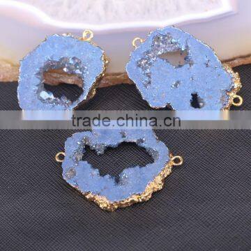 Gold Plated Light Blue Titanium Agate Geode Quartz Druzy Stone Connector, Crystal Drusy Gemstone Druzy Slice Agate Beads