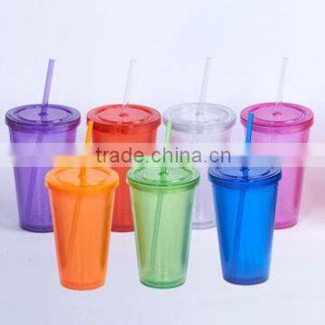 Plastic 16oz/500ml double wall cup with straw and lid #TG20140