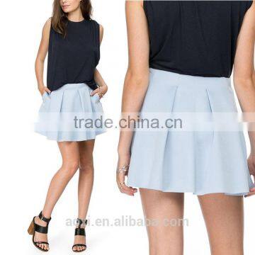 Oem garments supplier stylish plain dyed side pockets A line pleated mini skirts