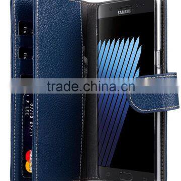 Wallet Card Slot Mobile Phone Cover Blue Genuine Leather Case for Samsung Galaxy Note 7