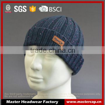 Acrylic beanie hat with PU leather patch logo