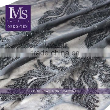 High quality exquisite embroidery fabric with gray color beads, small beads net embroidery fabric for wedding/evening dress