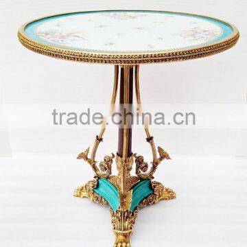 Elegant Porcelain With Brass Center Table, Floral Painting Small Round Table Inlaid Ceramic Desktop, Luxury Bronze Side Table