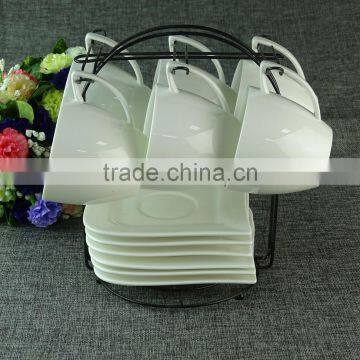 stock ceramic pure white hot sell tea cups and saucers with metal stand