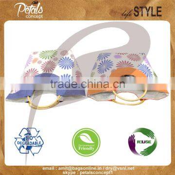 Floral Print Jute Beach Bag With Round Wooden Cane Handle - Tote Bag - Exclusive From India photo-4