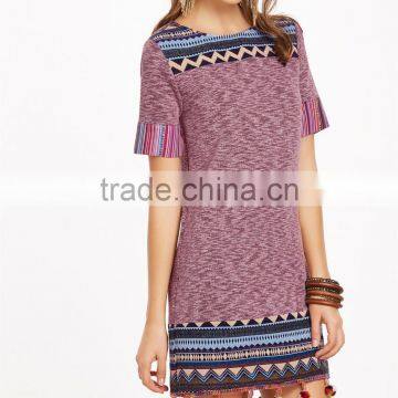 Vintage Dress Women Elegant Marled Tribal Yoke And Trim Pom Dress New Arrival Ladies Burgundy Short Sleeve Dress European Style