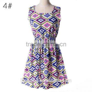 2015 Spring Summer New Korean Style Women Clothing Casual Bohemian Floral Leopard Sleeveless Vest Printed Beach Chiffon Dress photo-5