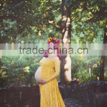 Gold Split Lace Off Shoulder Long Sleeves Maternity Gown Dress Pregnant Woman Mustard Lace Maxi Dress photo-3
