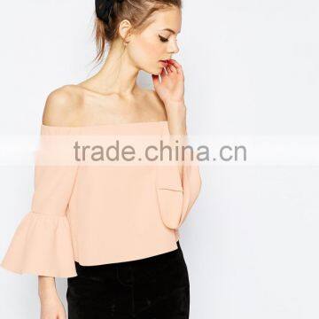 2016 Guangzhou Shandao Summer New Elegant Design Casual 3/4 Flare Sleeve Off Shoulder Pink Chiffon Girls Party Wear Tops photo-2