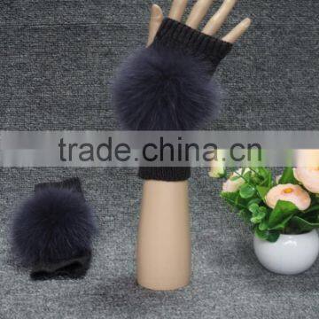 Wholesale warm winter glove fingerless cheap fur ball decoration kintted glove top sale