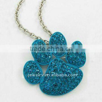 Rhodiumized Tone / Blue Zircon Rhinestone / Lead Compliant / Paw Print Pendant / Brooch / Necklace