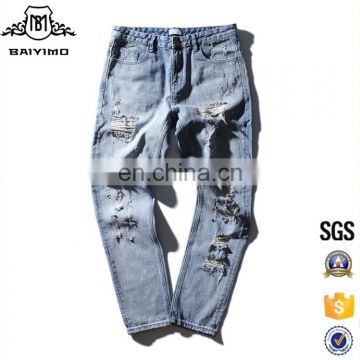 Custom Washed Skinny Broken Hole Ripped Trousers Denim Jeans Pants For Men