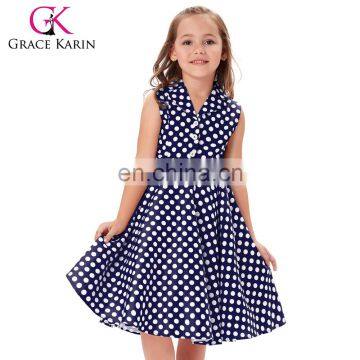 Grace Karin Kids 'Holly' Vintage 50's Dress Girls Retro Vintage Sleeveless Lapel Collar Navy Polka Dots Dress CL009000-2