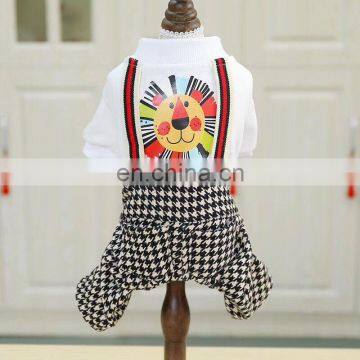 Pet Clothing Suspender Brushed Houndstooth Plaid Trousers Set Lion Printing For Pets photo-4