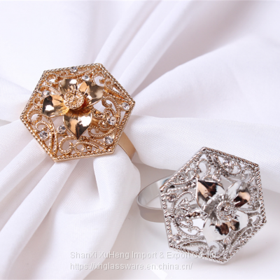 Hexagon Napkin Ring Holder With Rhinestone Flower Design