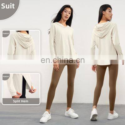 Long Sleeve Hoodie T Shirts Women's Sportswear With Thumb Holes OEM Yoga Fitness Sports Plain Tops photo-4