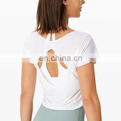 Wholesale Quick Dry Anti-Bacterial Back Hollowout Short Sleeve Gym Yoga Shirt Women Workout Running Fitness Sports Crop Top photo-5