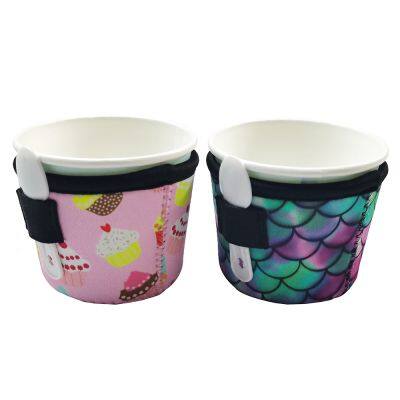Custom Print Waterproof Iced Cream Pint Glass Neoprene Insulator Ice Cream Holder With Elastic Loop Spoon Holder photo-2