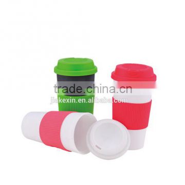 double Plastic PP cups with lid and silicone sleeve for hot coffee