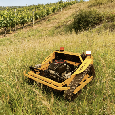 Cortacésped de oruga de goma de control remoto profesional, cortacésped y cortador de malezas para agricultura con capacidad de ascenso de 60° y auto-bloqueo en pendientes