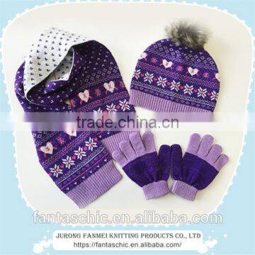 Children popular winter kintted heart jacquard hat scarf gloves 3pc set